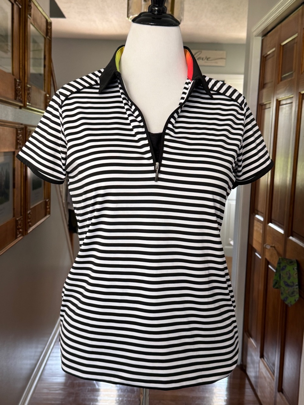 Nancy Lopez Desert Dry Black White Striped Zip Polo‎ Golf Shirt Top Medium